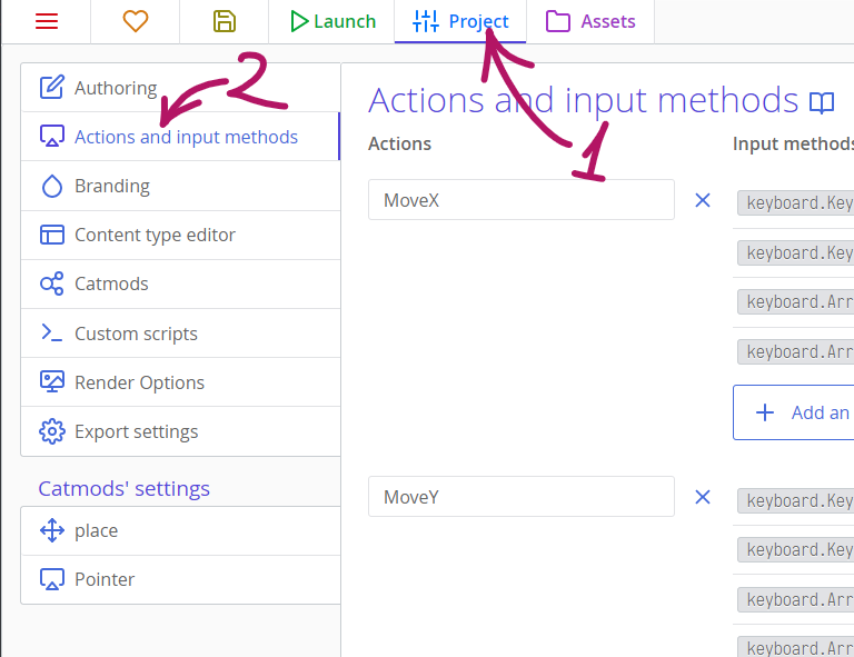 Opening actions editor