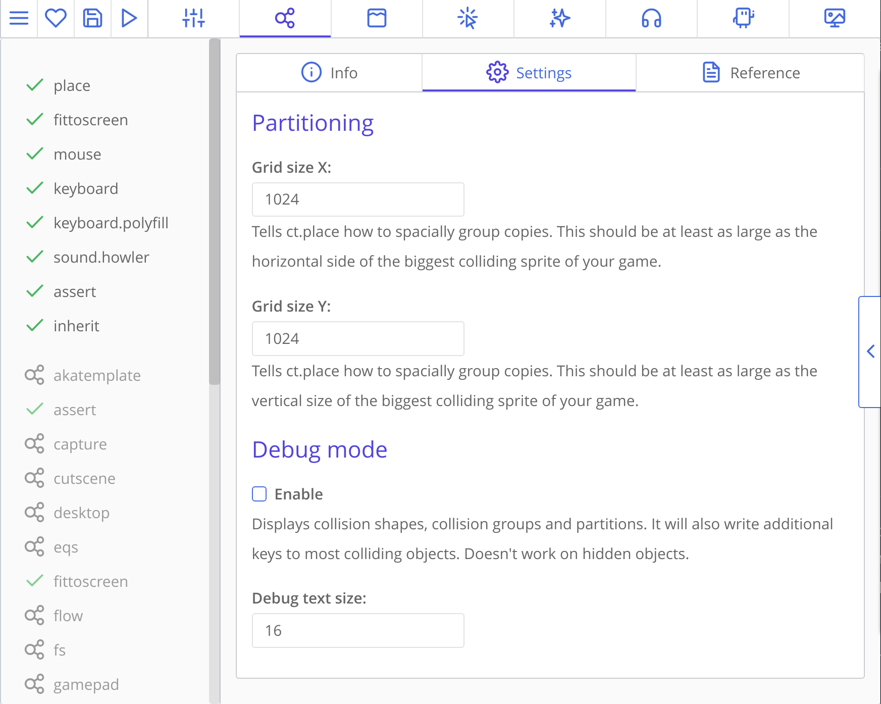 ct.place settings as an example of moddable settings sections in ct.js