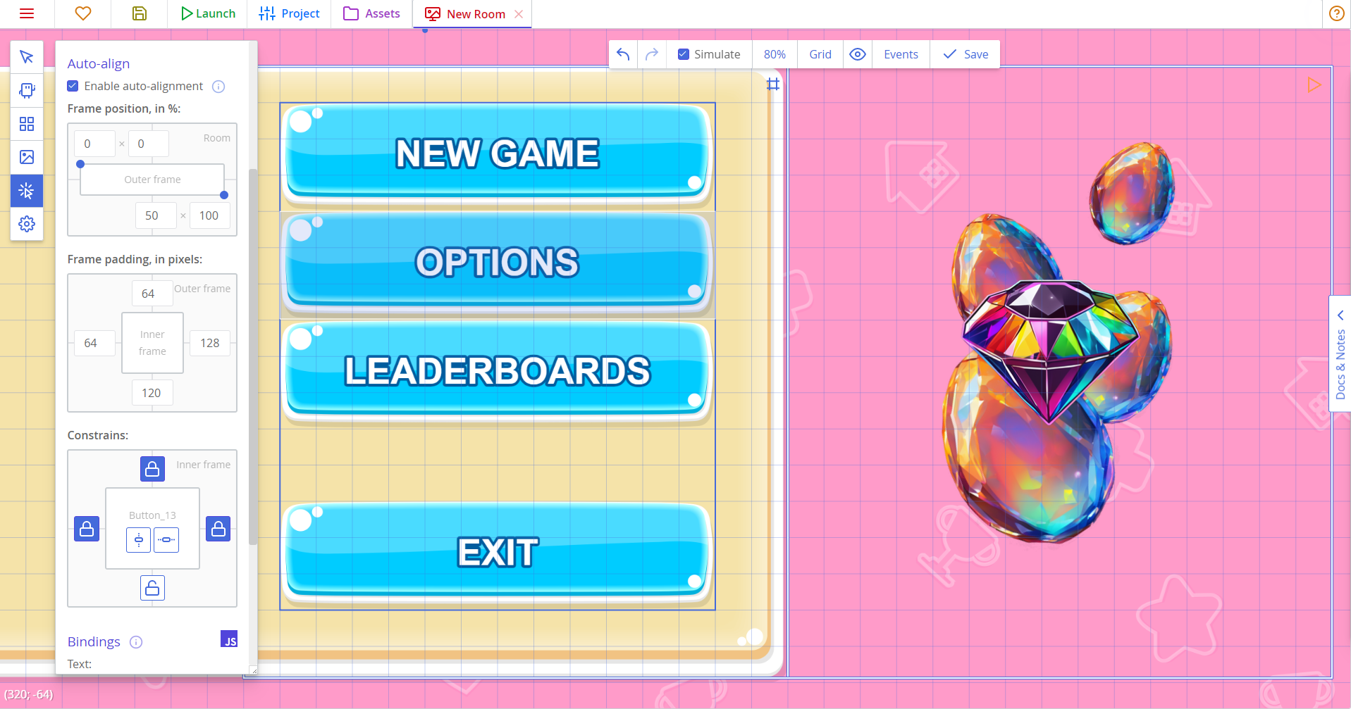 A UI interface with questionable design choices and a split UI layout, with a panel occupying a left side of the screen with buttons inside it