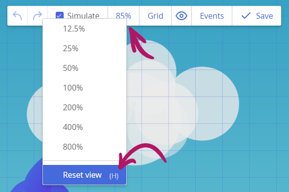 Reset view command in the zoom menu