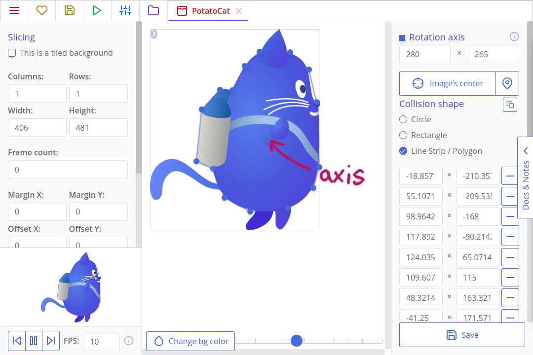 Defining the axis and collision shape of a texture in ct.js