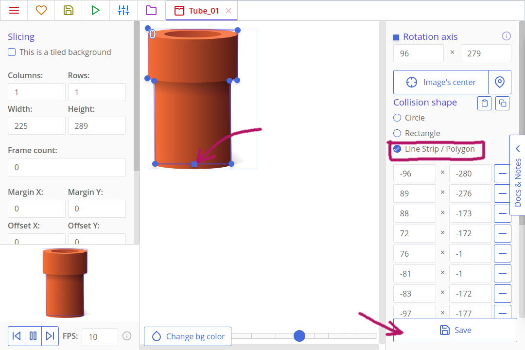 Defining axis and collision shape for a tube texture in ct.js