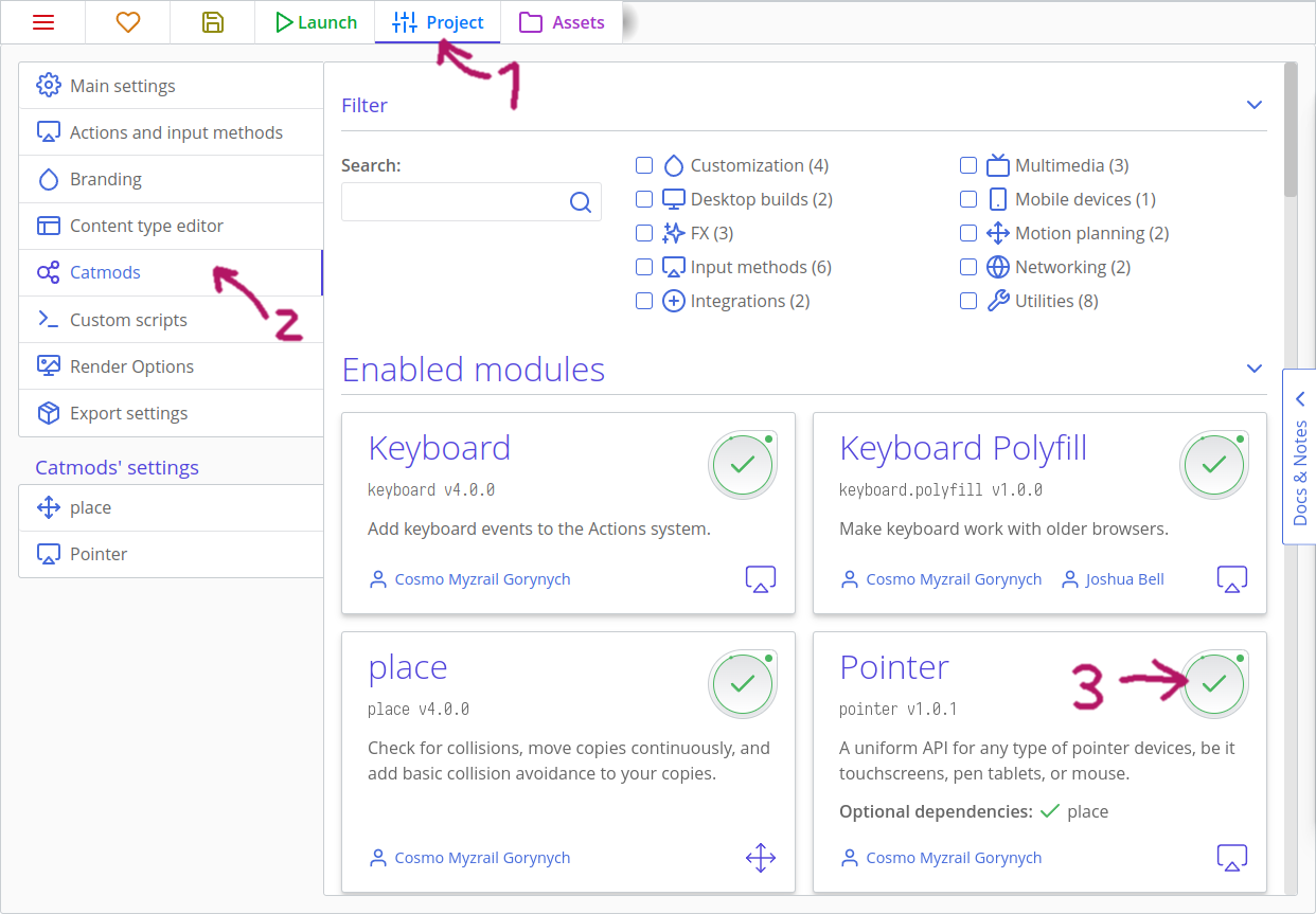 Enabling a touch module in ct.js