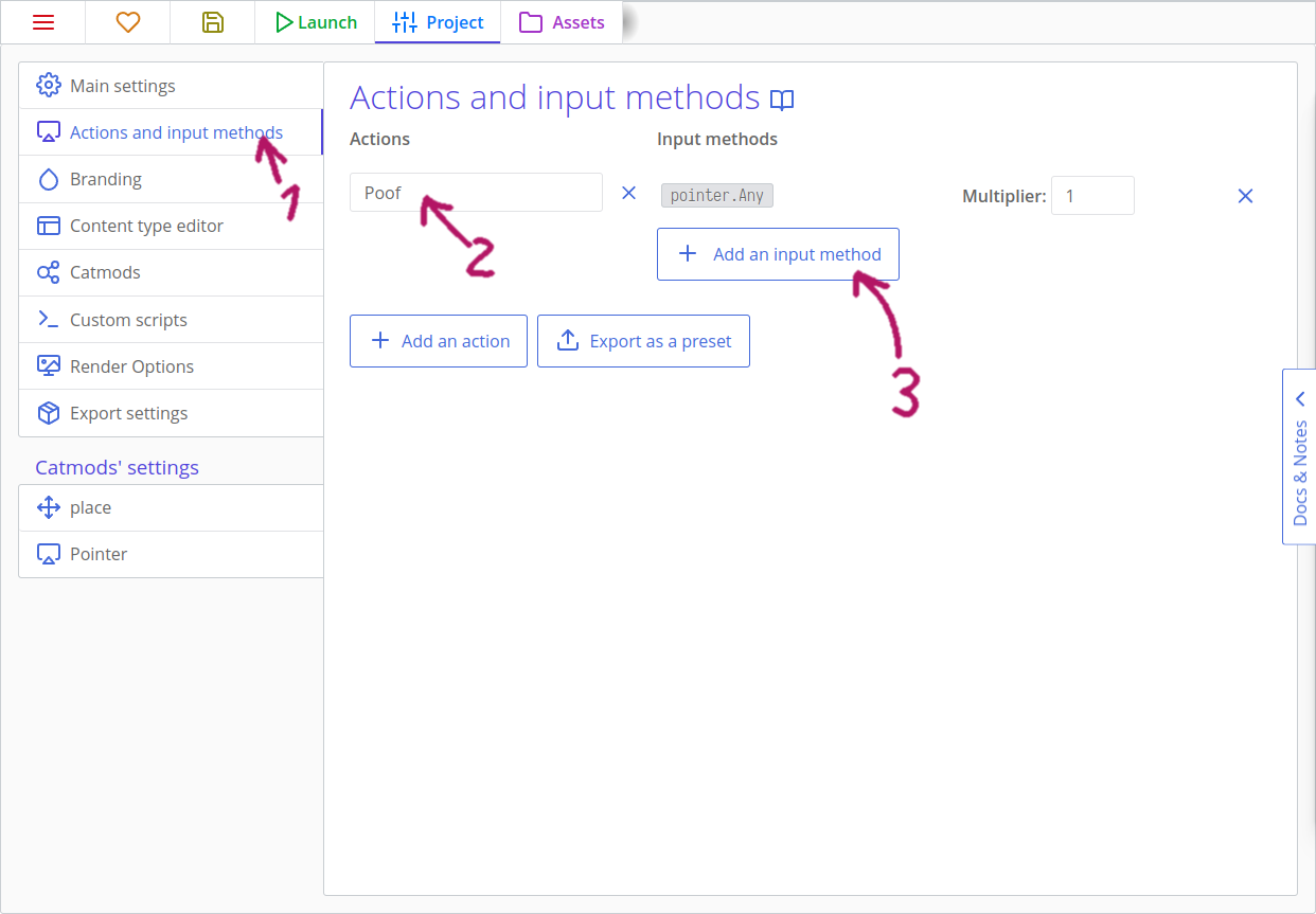 A set up action for touch events in ct.js