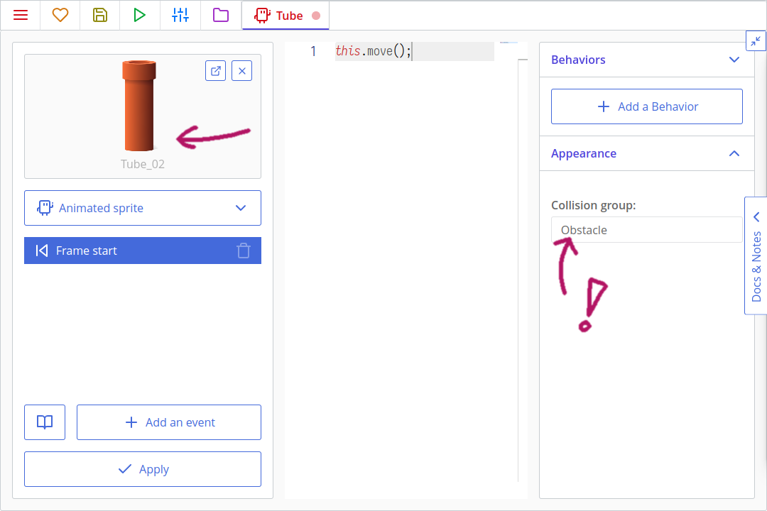 Creating a tube template with a collision group