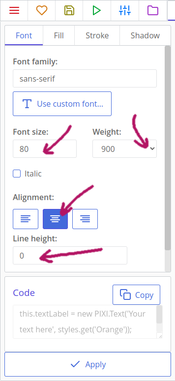 Setting a font's properties in ct.js text style