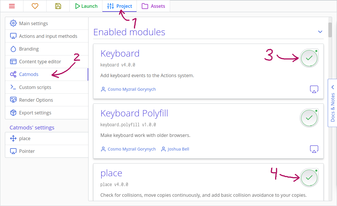 Enabling a module in ct.js